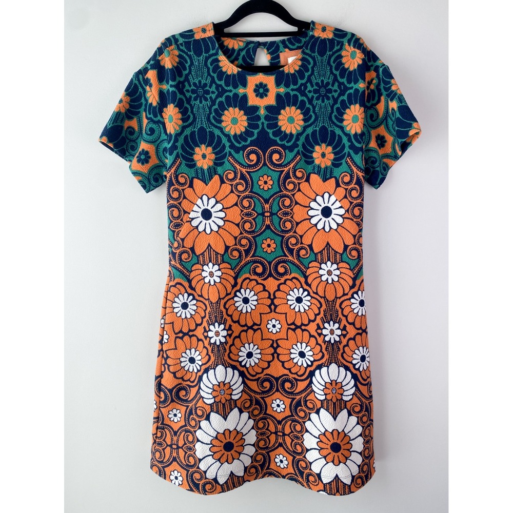 Maeve Anthropologie Floral Shift Mini Dress XS Teal Orange Hippie 70s Retro Mod - Picture 4 of 14